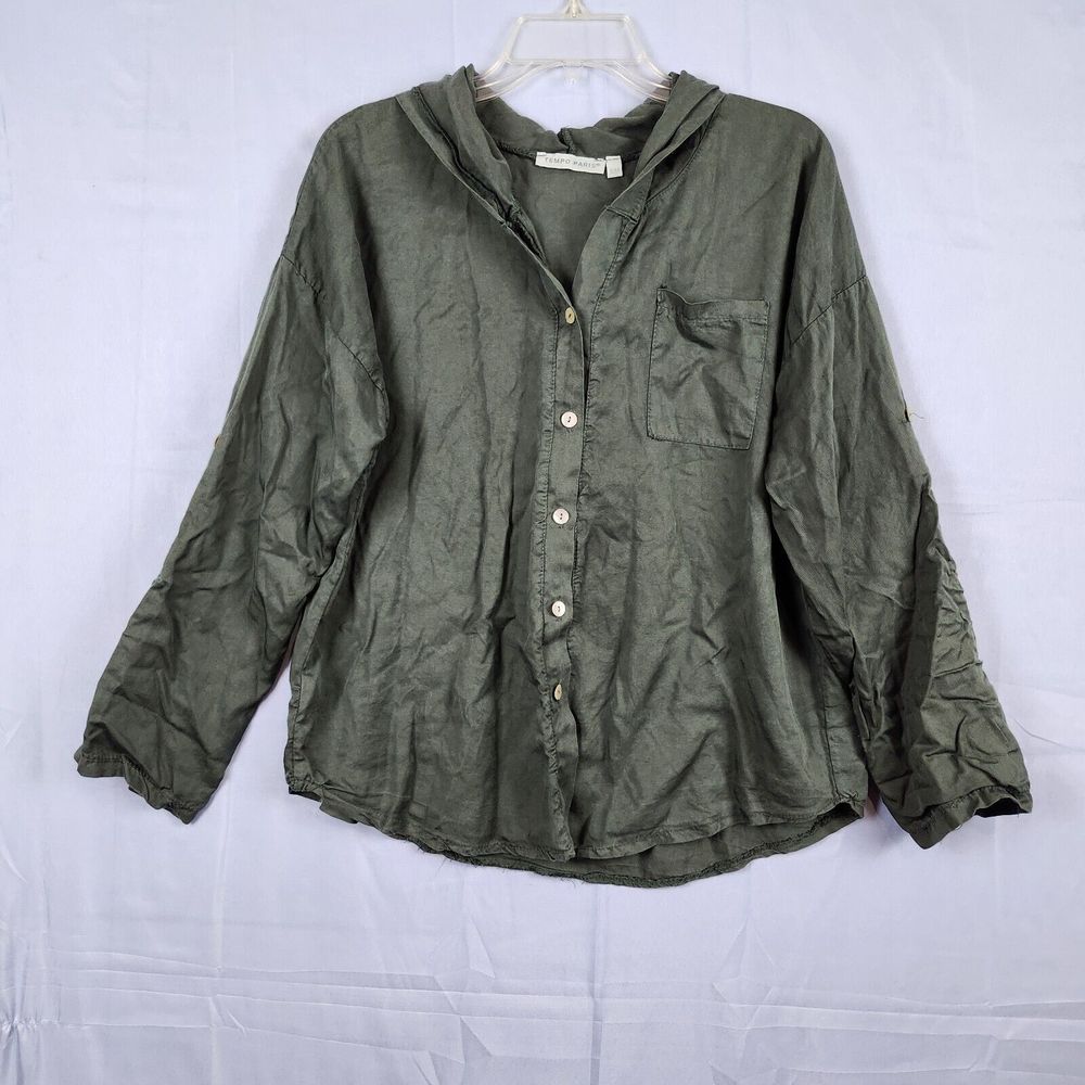 Tempo Paris Hooded Button Shirt Star Embellished Roll Tab Sleeves Size M Italy